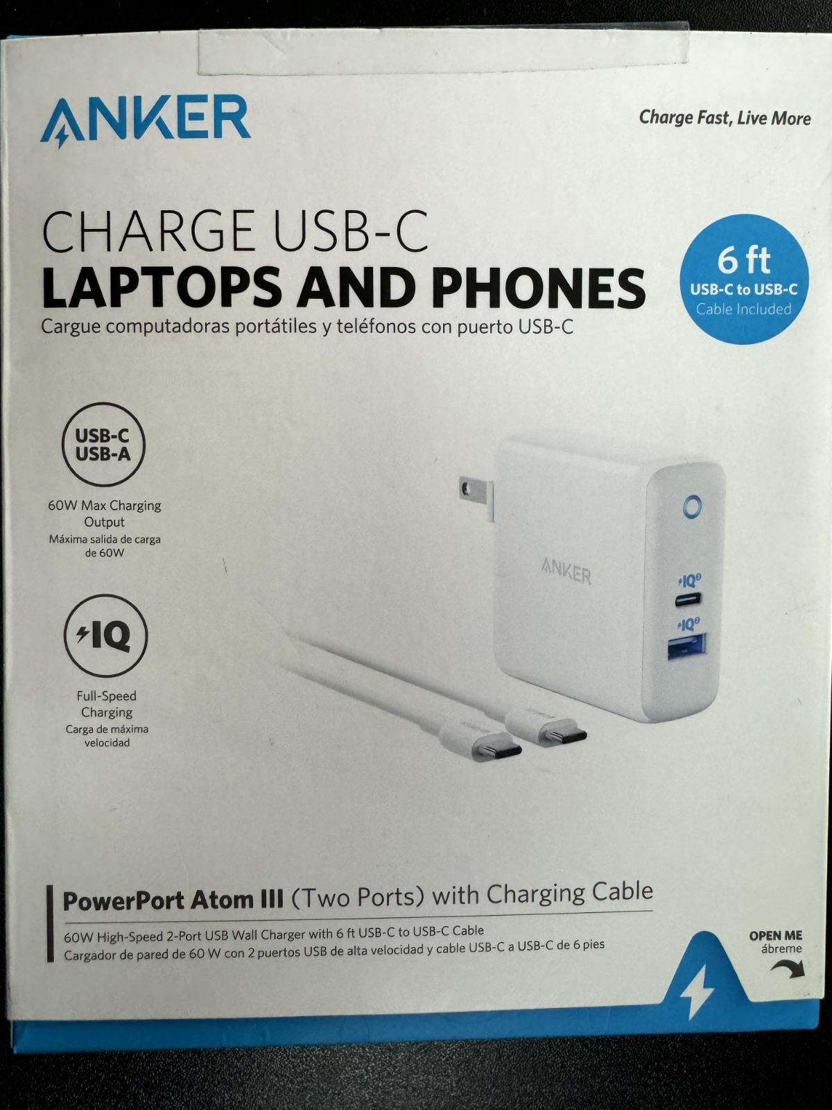 Anker - PowerPort PD 60W GaN Fast Charger and USB-C to C Cable 6ft