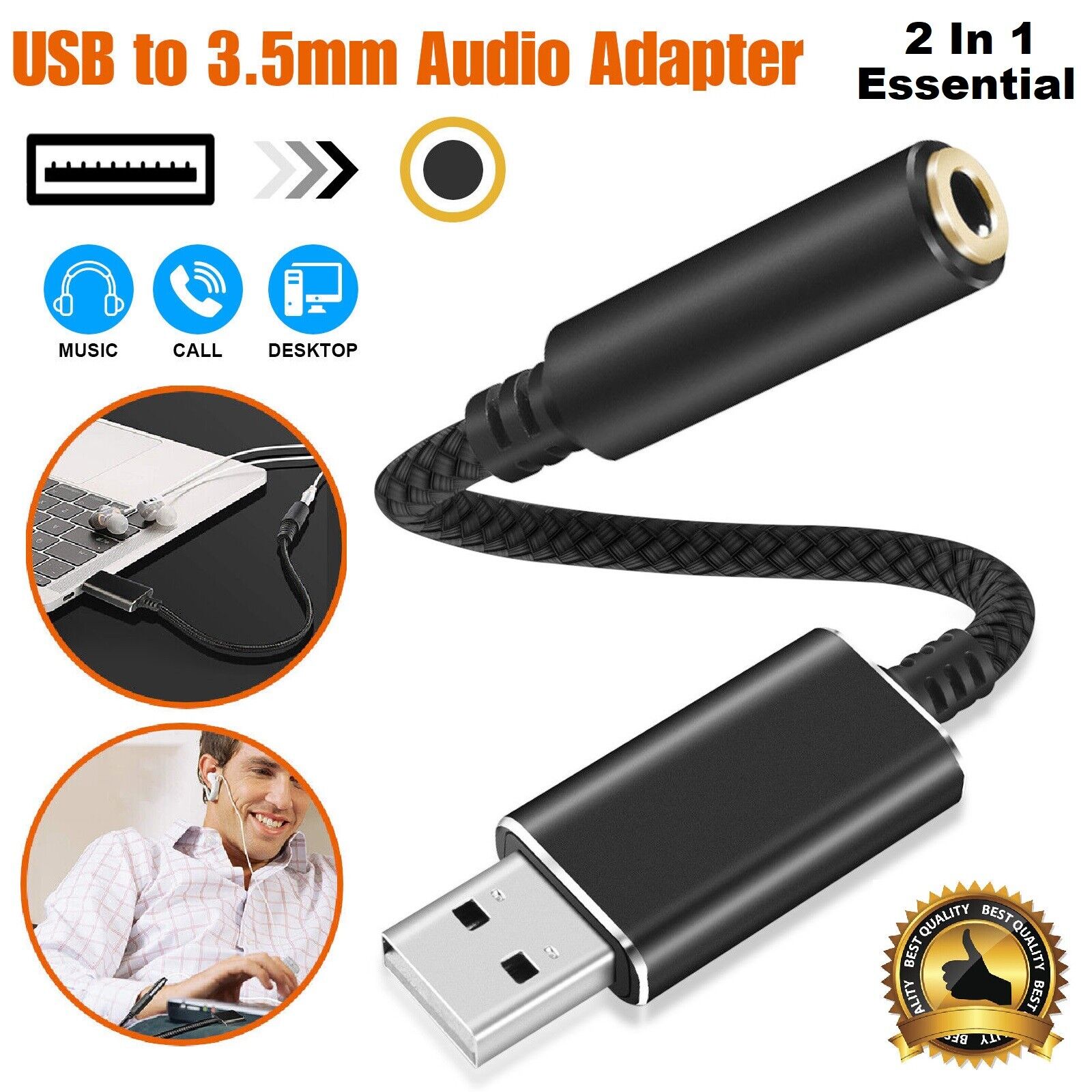 2-in-1 USB to 3.5mm Audio Headphone Jack Adapter Cable for PS4 Desktop Laptop