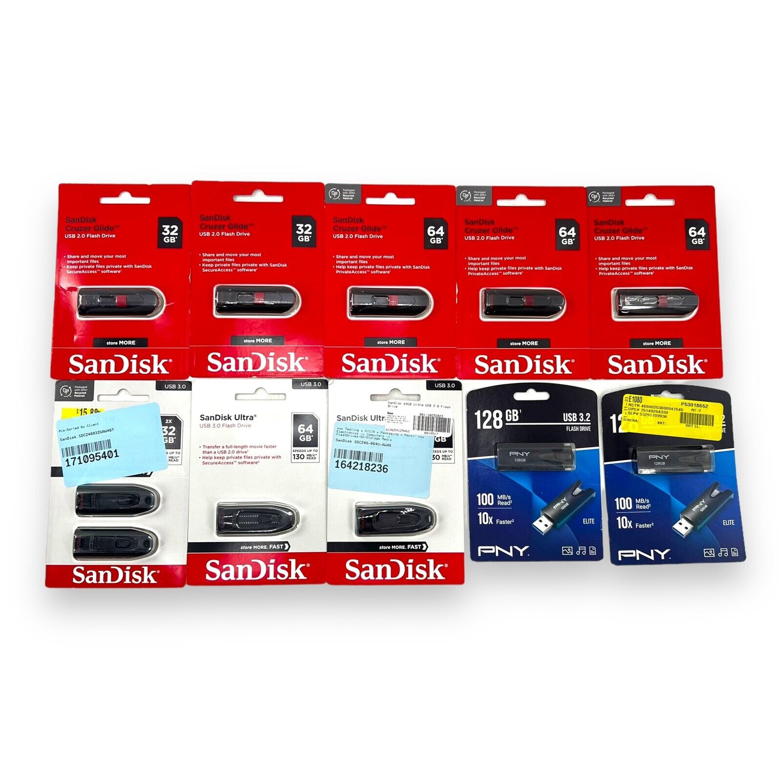 Lot Of 10 USB Flash Drives 128gb 64gb 23gb 3.0 2.0 3.2 SanDisk PNY
