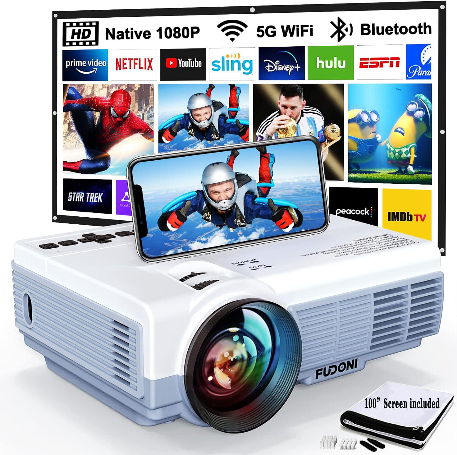 Projector 4K 5G WiFi Home Theater Movie 10000L Portable Projector with Screen