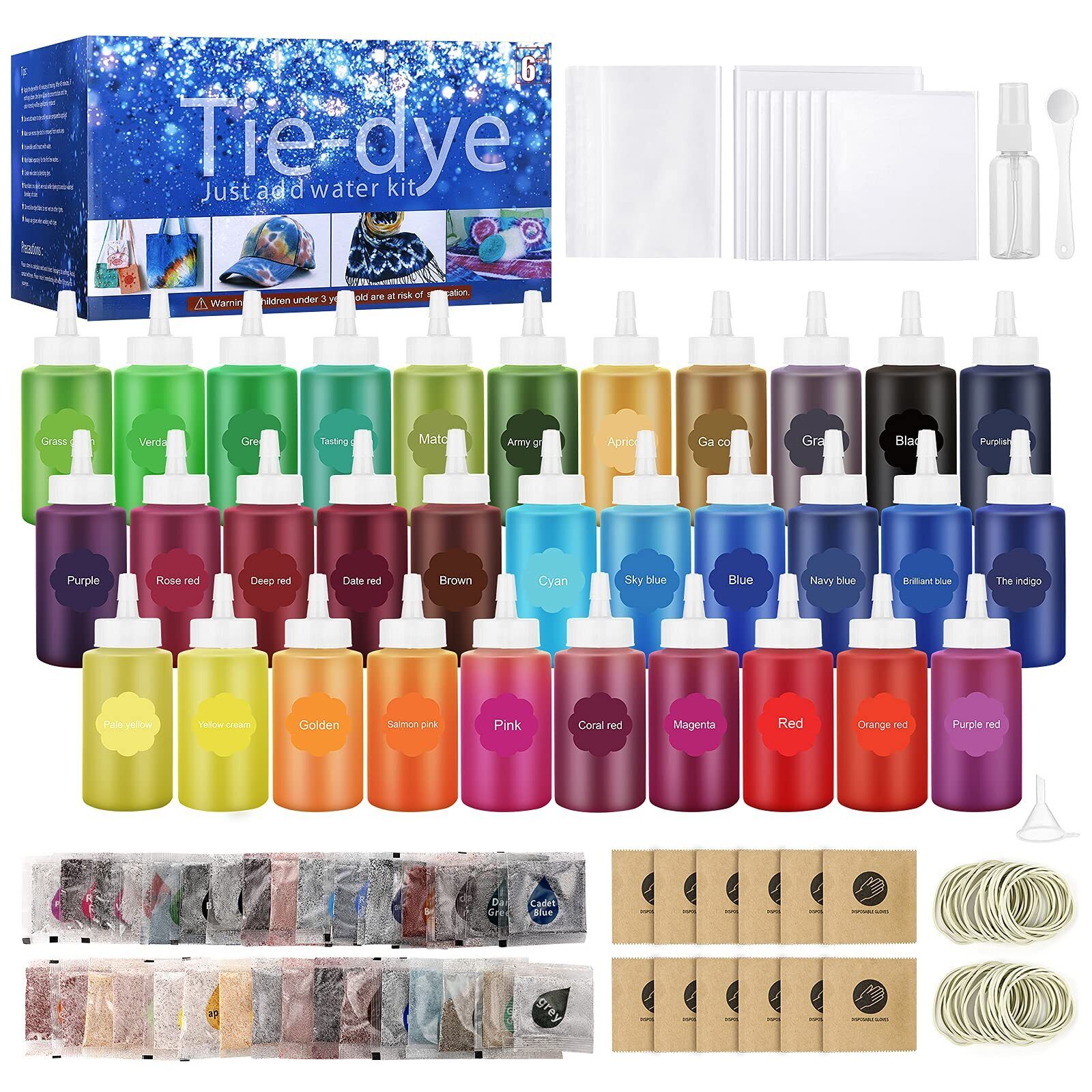 32 Color Tie Dye Kit, Fabric Dye Art Kit with Rubber Bands, Gloves, Plastic Film