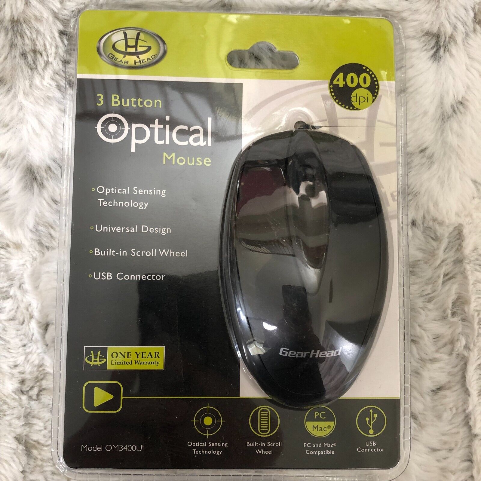 Gear Head 3 Button Optical Mouse Black USB Connector New