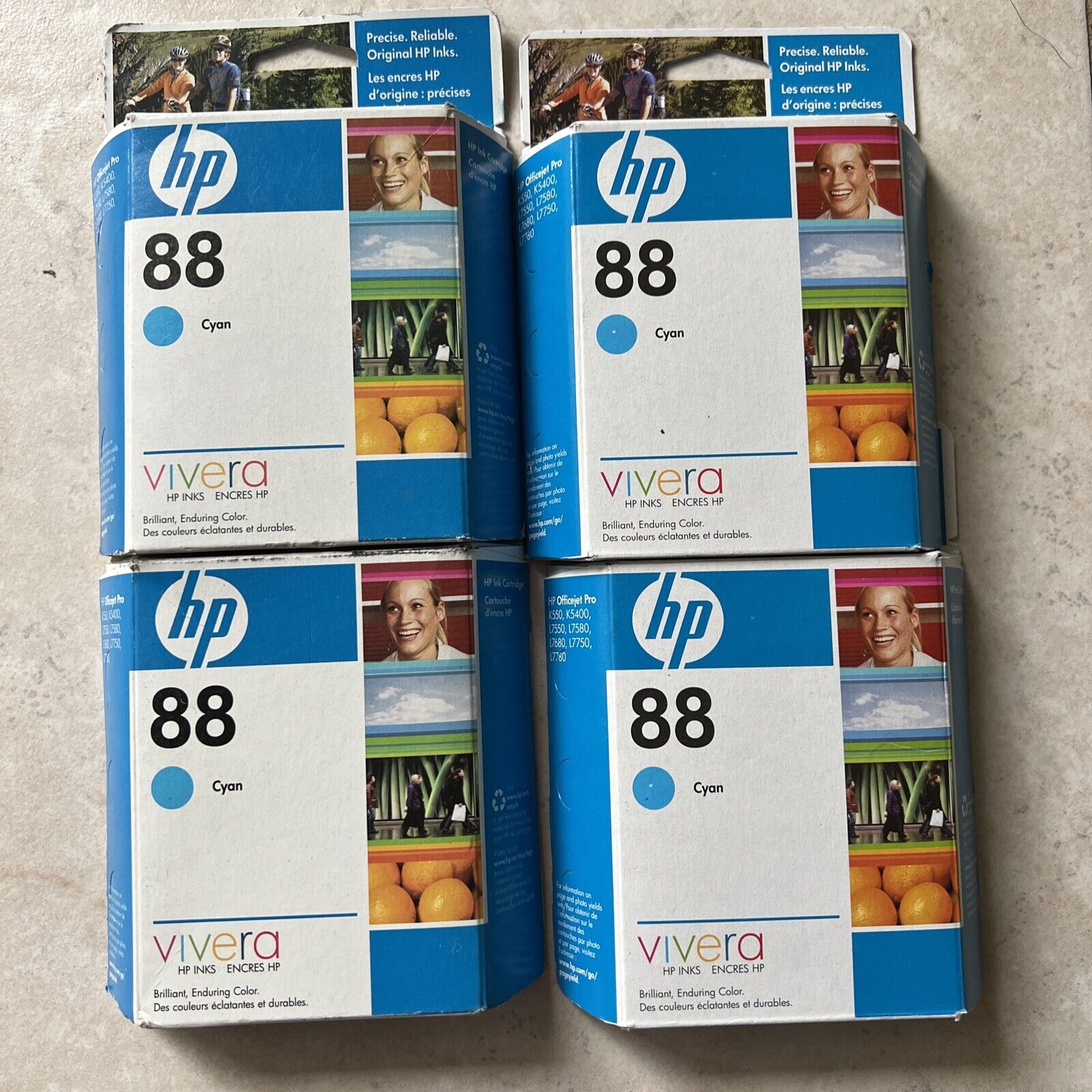 x4 New Oem Factory HP 88 Cyan Ink Set Sealed Box Lot Four Genuine C9386a