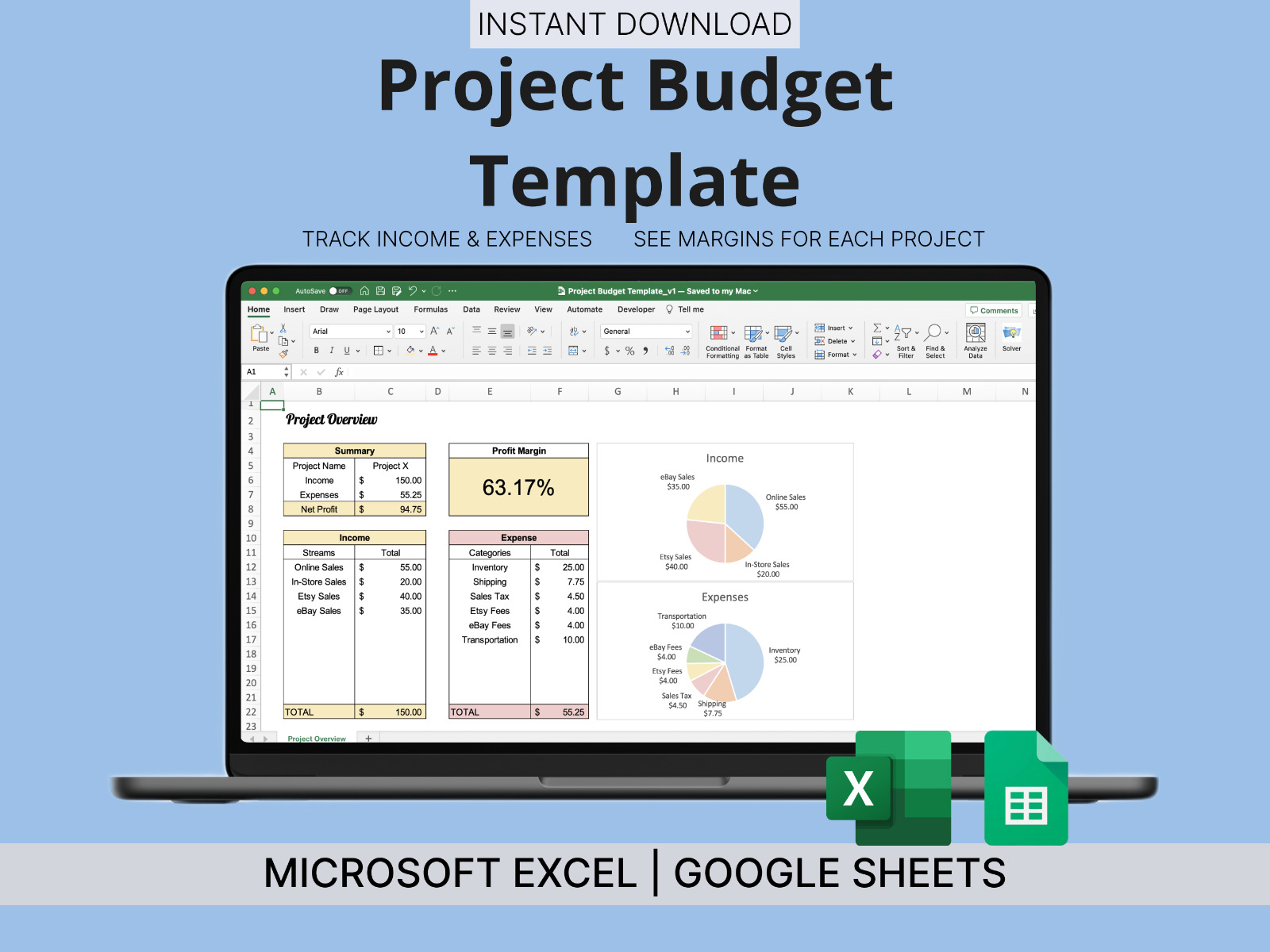 Project Budget Template Microsoft Excel/Google Sheets, Track Income & Expenses