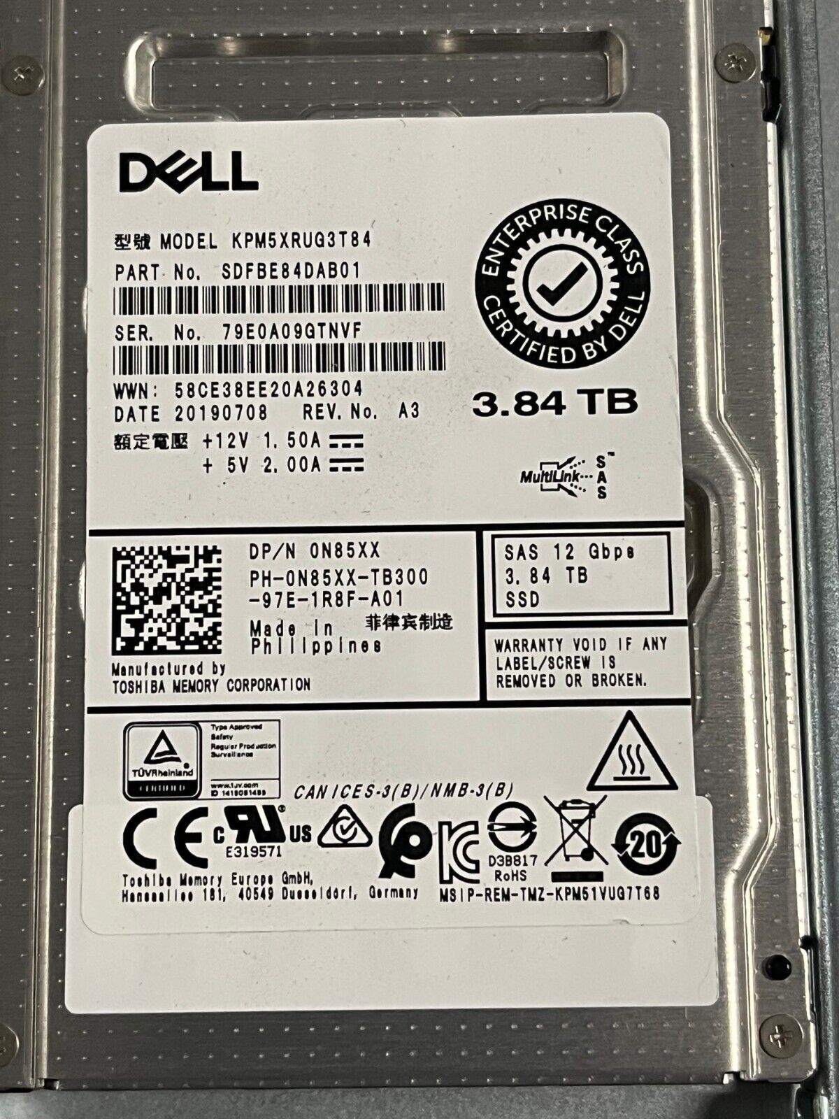 Dell N85XX 3.84TB SAS RI 12Gb/s 2.5in SSD 0N85XX KPM5XRUG3T84