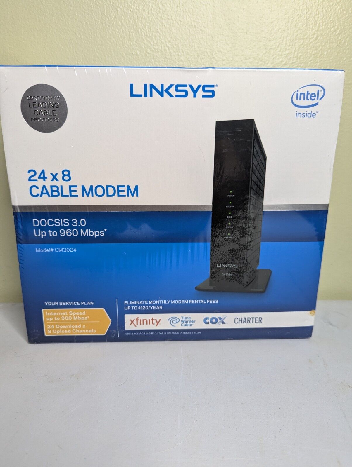 Linksys DOCSIS 3.0 24x8 Cable Modem CM3024 with Coax Cable New In Box