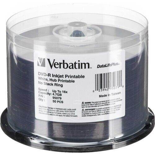 50 x Verbatim DVD Inkjet Printable Full Hub DVD-R 16X Spindle 16X 4.7GB #95079