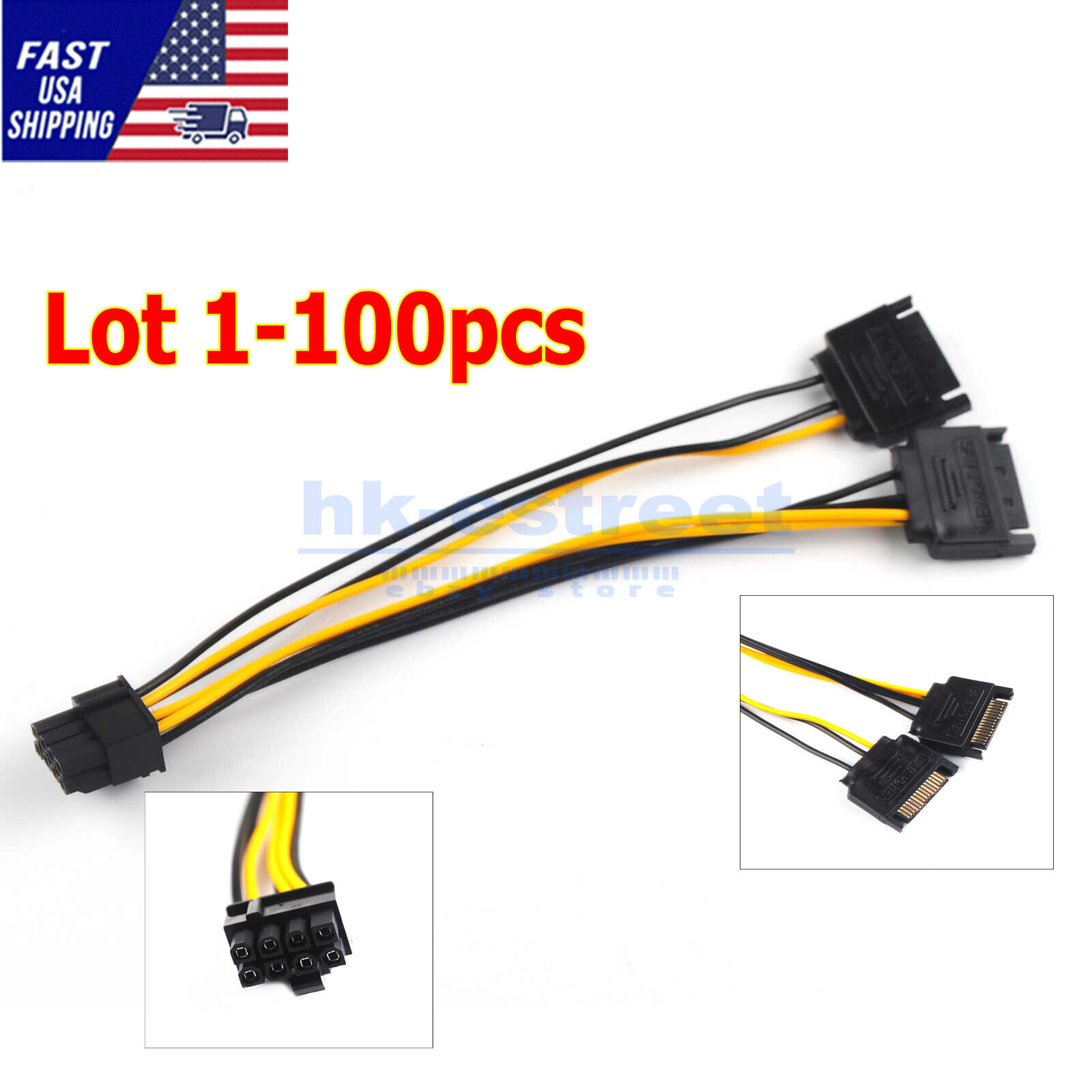 Lot 1-100pcs Dual 15Pin SATA Male To PCIe 8Pin Male Video Card Power Cable 20cm