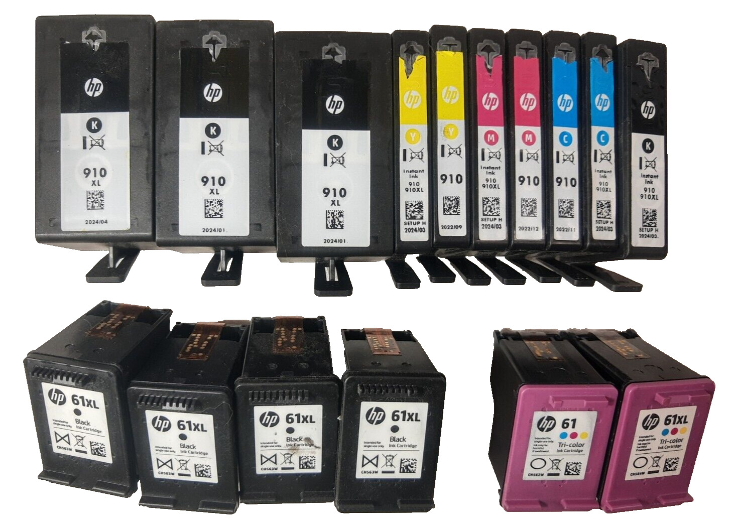 LOT 16 HP EMPTY Ink Cartridges Virgin 10 910 XL Black & 6 61 4 XL Black + colors