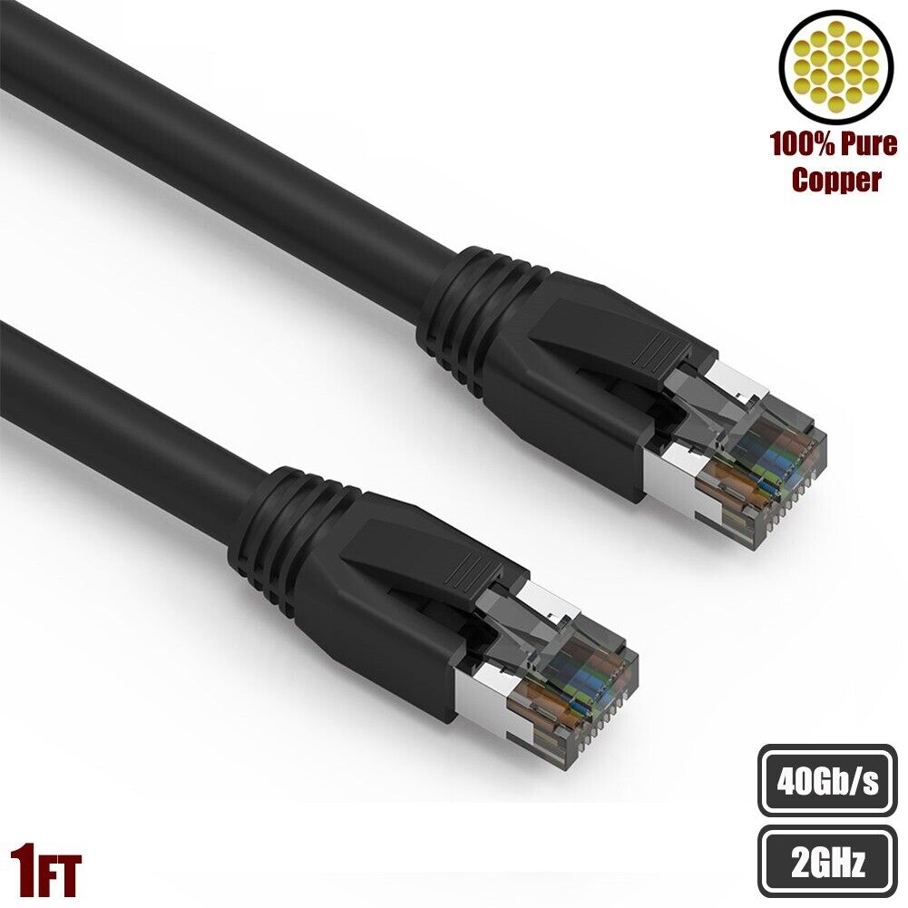 1FT Cat8 RJ45 Network LAN Ethernet S/FTP Patch Cable Copper 2GHz 40Gbps Black