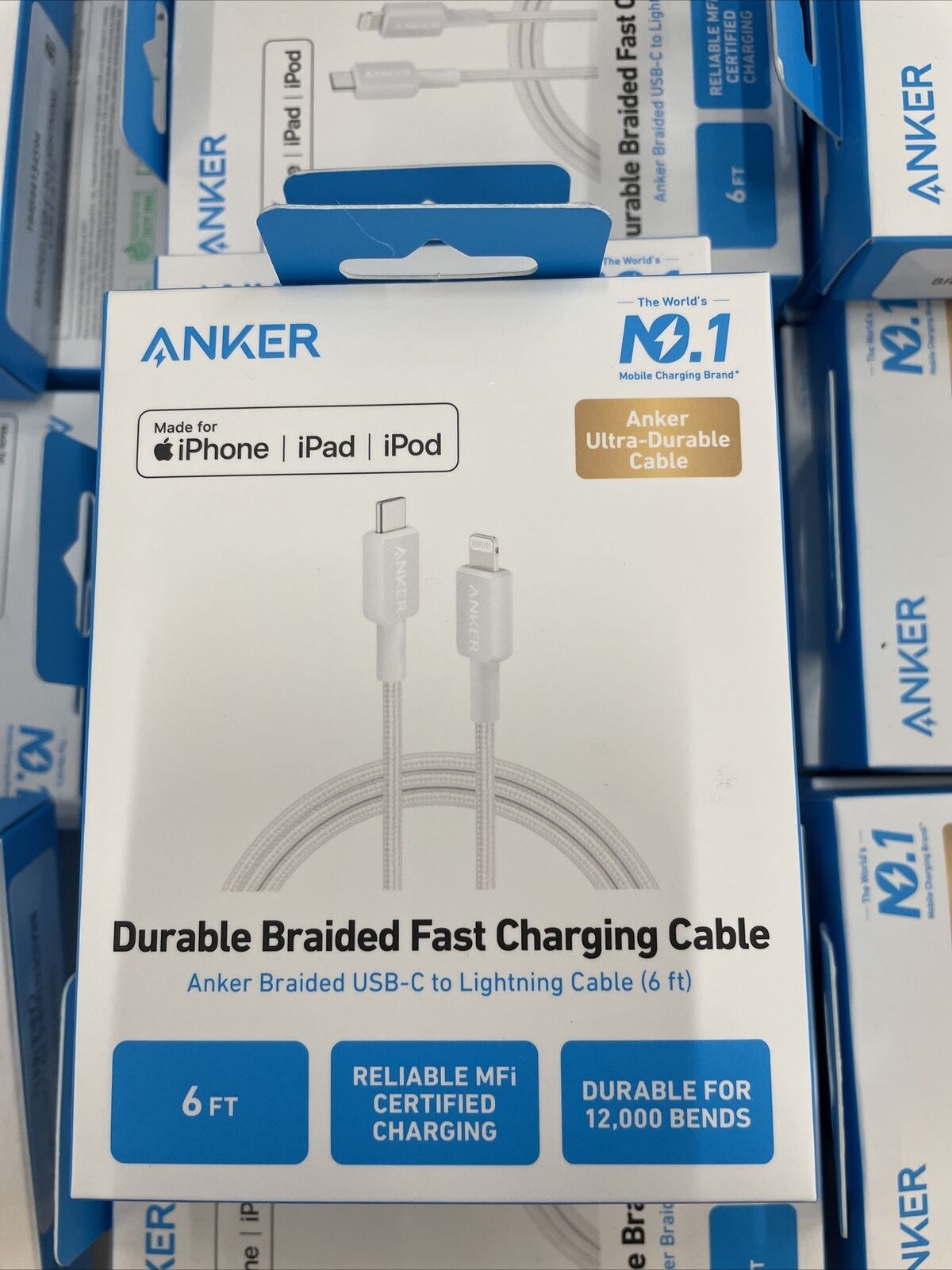 New Anker A81B6H21-1 ANKER BRAIDED USB-C TO LIGHTNING CABLE 6FT WHITE
