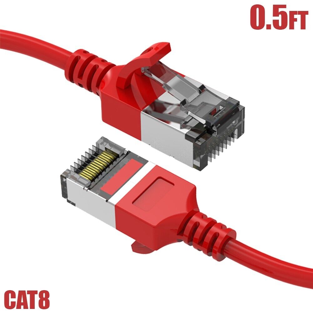 0.5-10FT Cat8 RJ45 Network LAN Ethernet U/FTP Shield Patch Cable Slim 30AWG Red