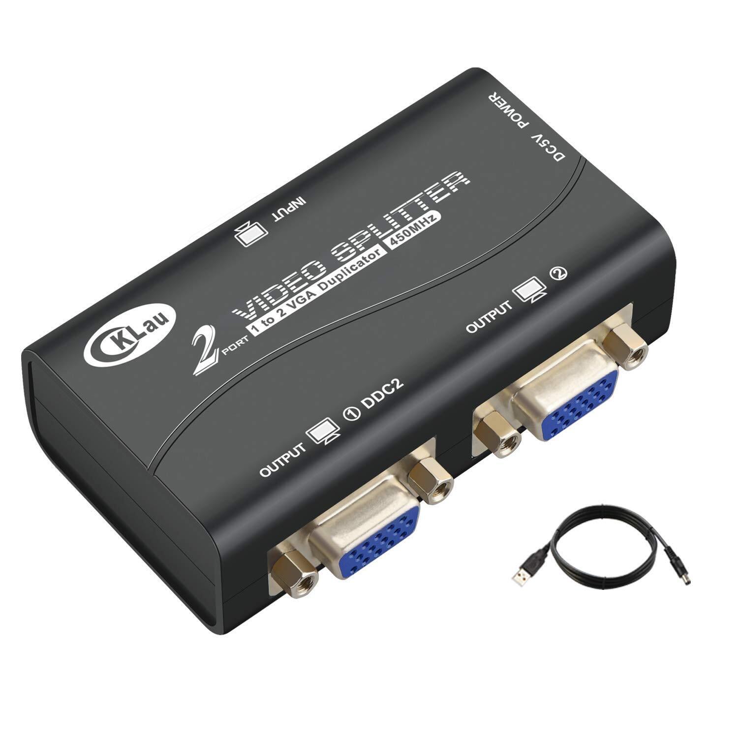 CKLau 450MHz Bandwidth 2 Port VGA Splitter Amplifier Box 1 PC to 2 Monitors S...