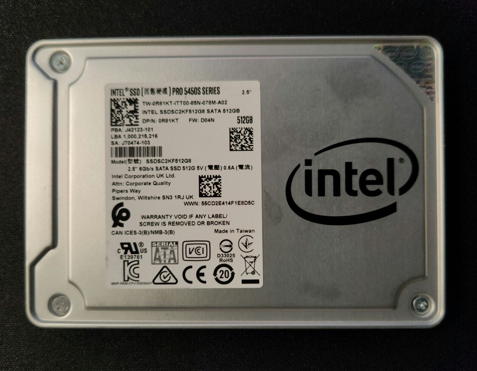 Intel SSD Pro 5450s Series SSDSC2KF512GB 0R81KT 512GB 2.5\