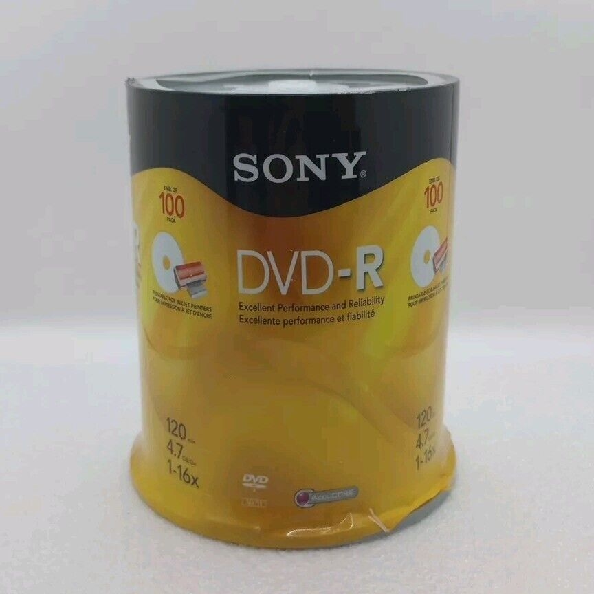 SONY DVD-R 4.7GB 100 Pack 120min 4.7GB 1-16X Optical Media Storage Spindle *New*