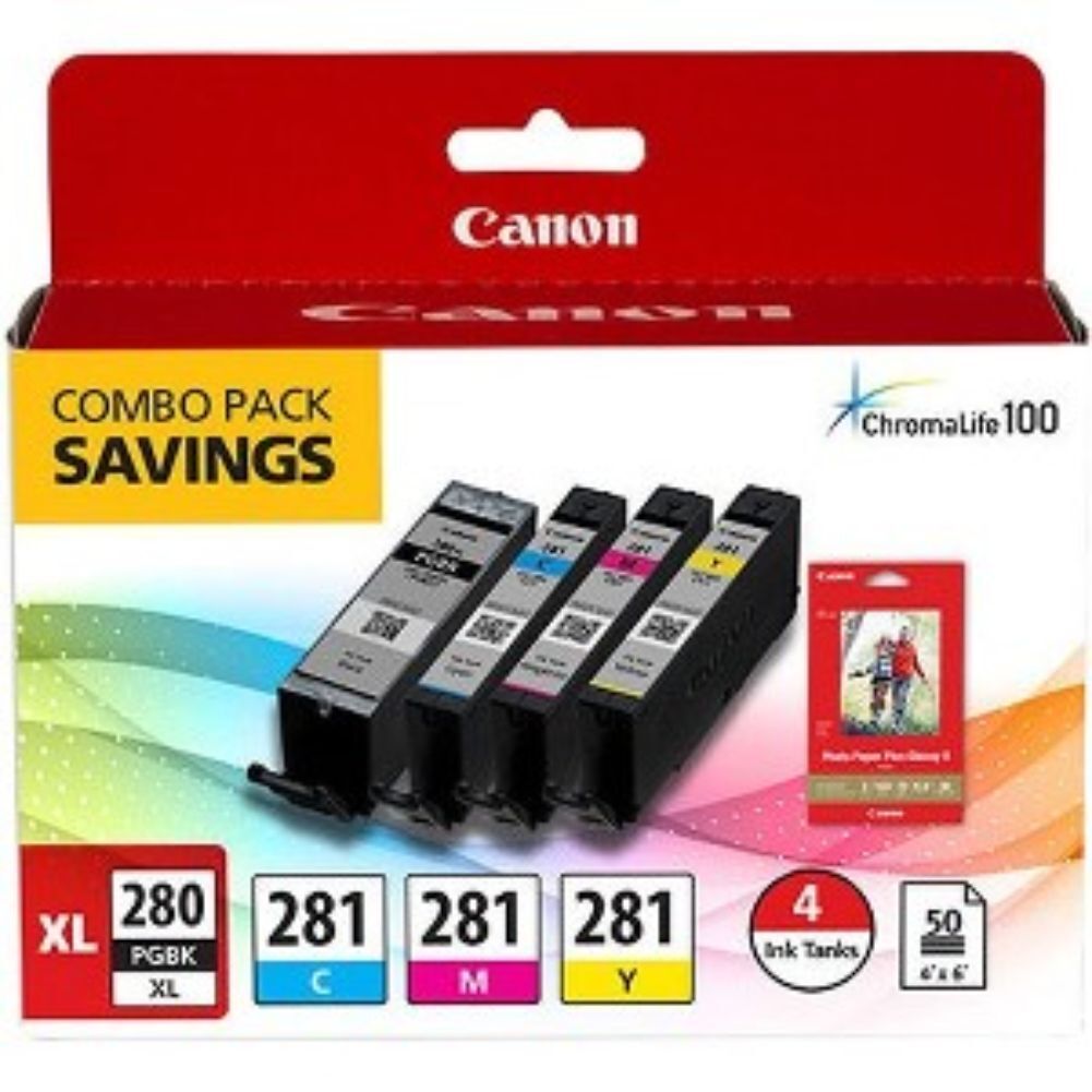 Canon 2021C006 CLI-281/PGI-280XL Ink/Paper Combo Black/Cyan/Magenta/Yellow