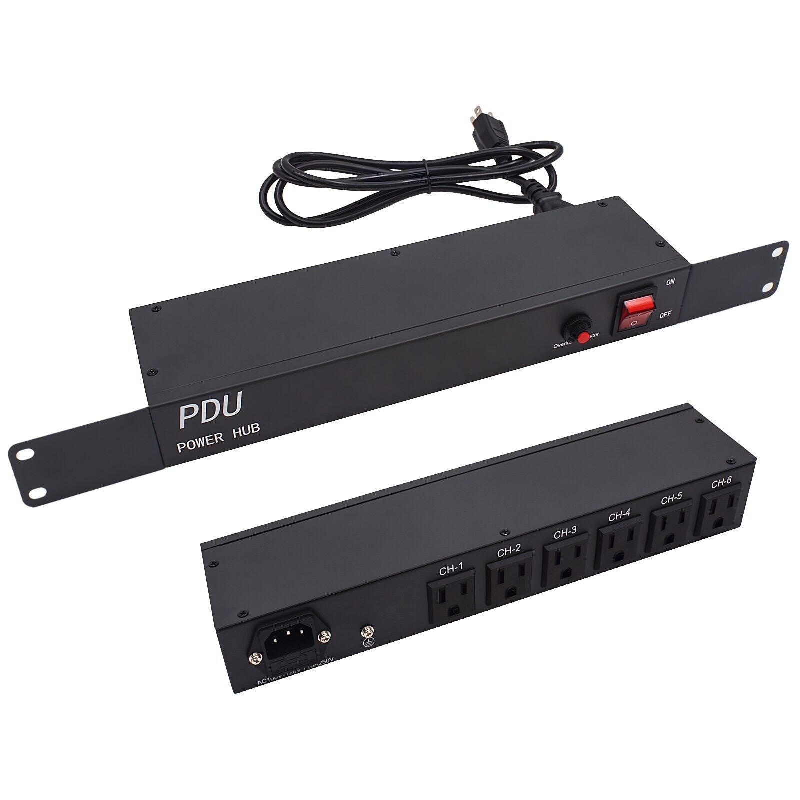 1U PDU Rack Mount Power Strip 100V-240V-15A 6 Outlet Horizontal Surge Protection