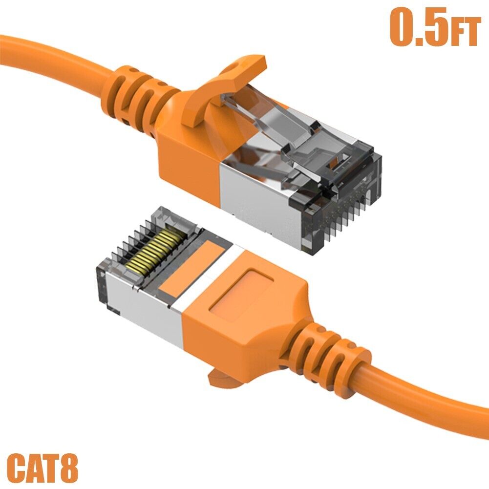 0.5-10FT Cat8 RJ45 Network LAN Ethernet Shielded Patch Cable Slim 30AWG Orange
