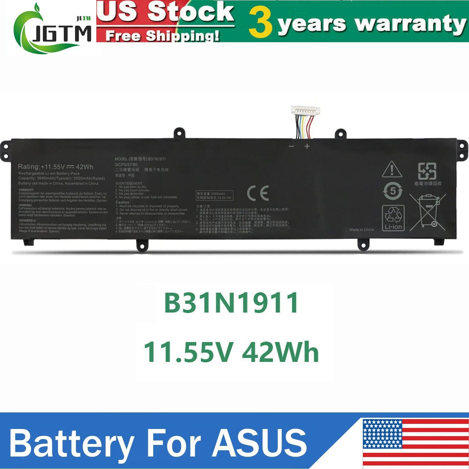 B31N1911 Battery for Asus VivoBook Flip 14 X421 TM420 R413 K413FA 42Wh 11.55V US