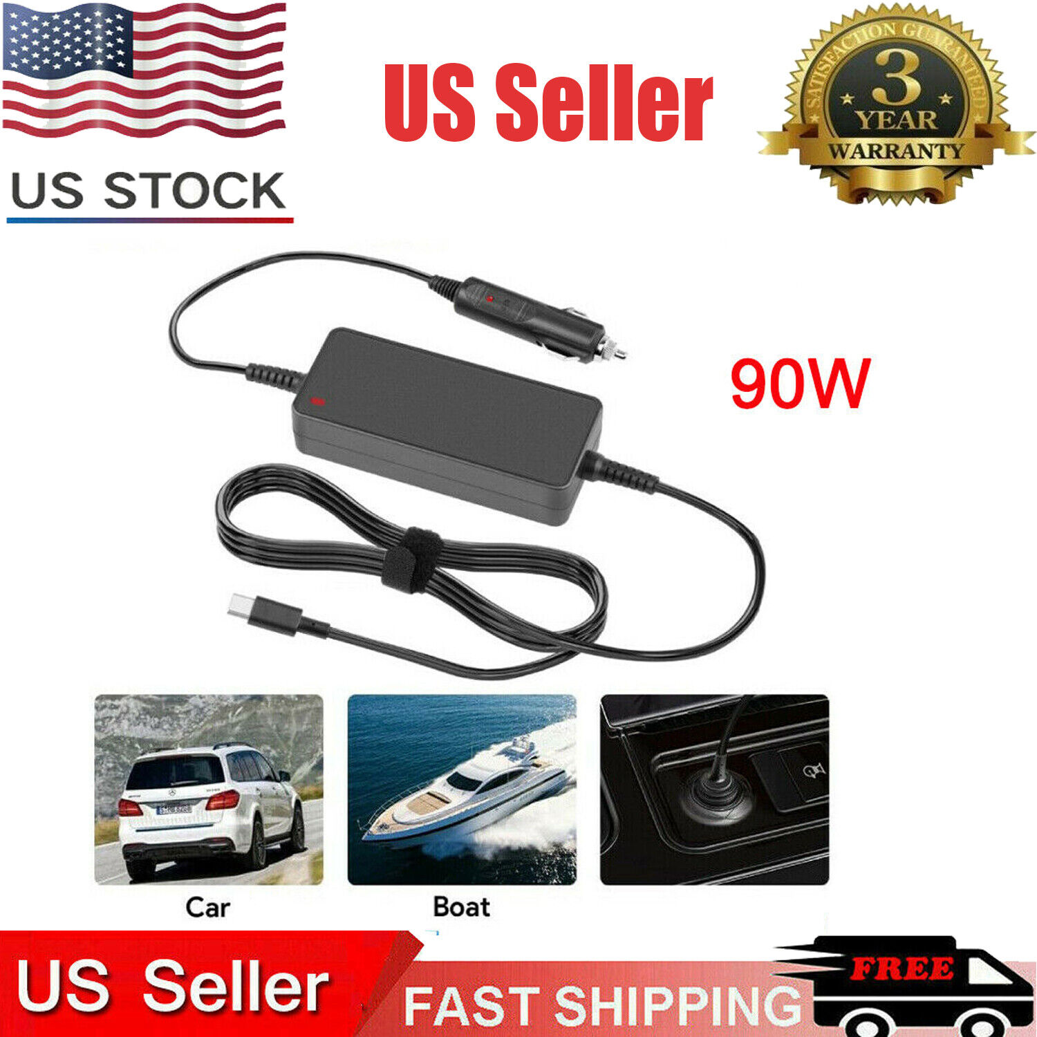 90W USB-C Vehicle Travel Car Charger Adapter for Dell HP Lenovo MacBook Pro Air