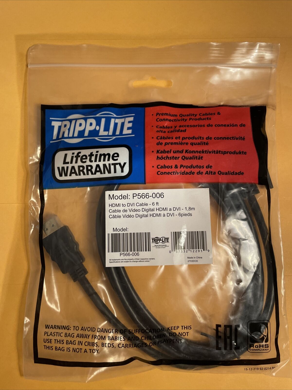 HDMI to DVI 6ft Cable High Quality TRIPPLITE P566-006.