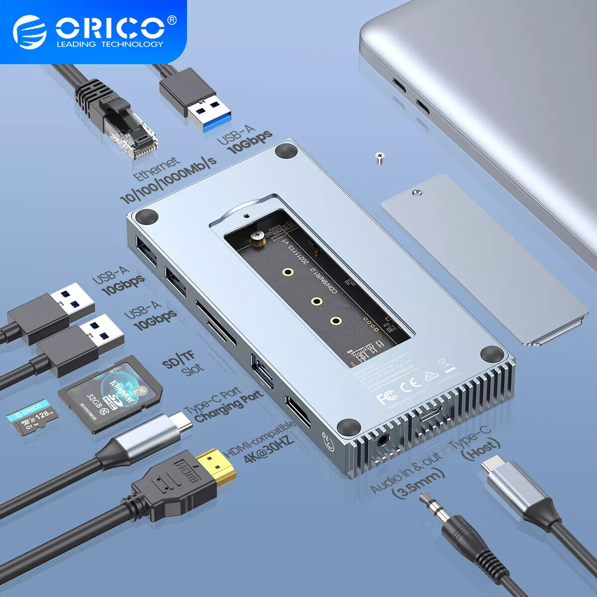 ORICO 9 in 1 USB C Dock+External M.2 NVMe SSD Enclosure to 4K60Hz PD100W For Mac
