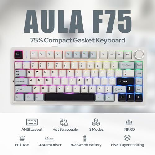 x Aula F75 Gasket Mechanical Keyboard, 75% Wireless Ice Vein Switch Light Blue