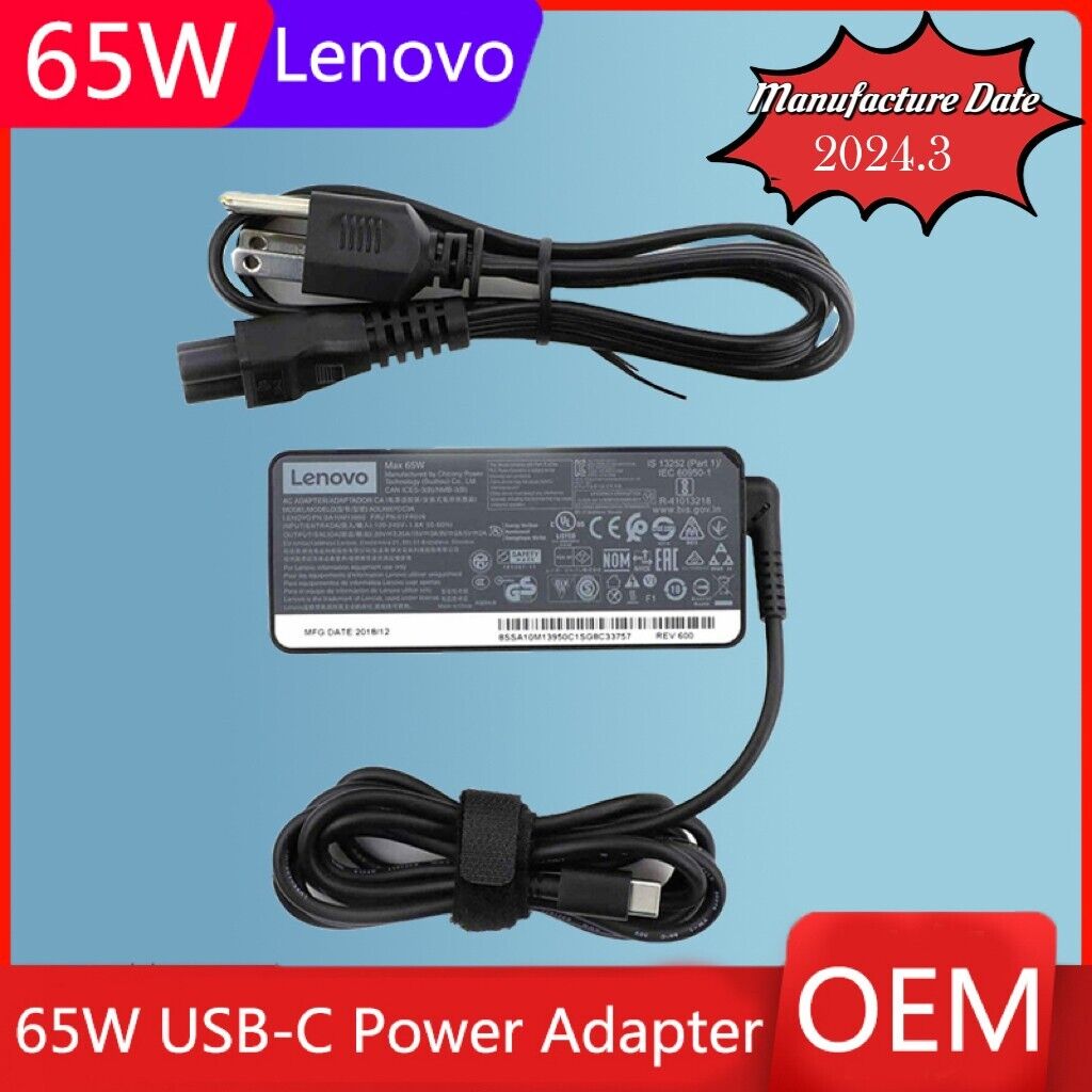 Genuine Lenovo 65W USB-C Type-C Laptop Charger Power Supply Adapter ADLX65YLC3A