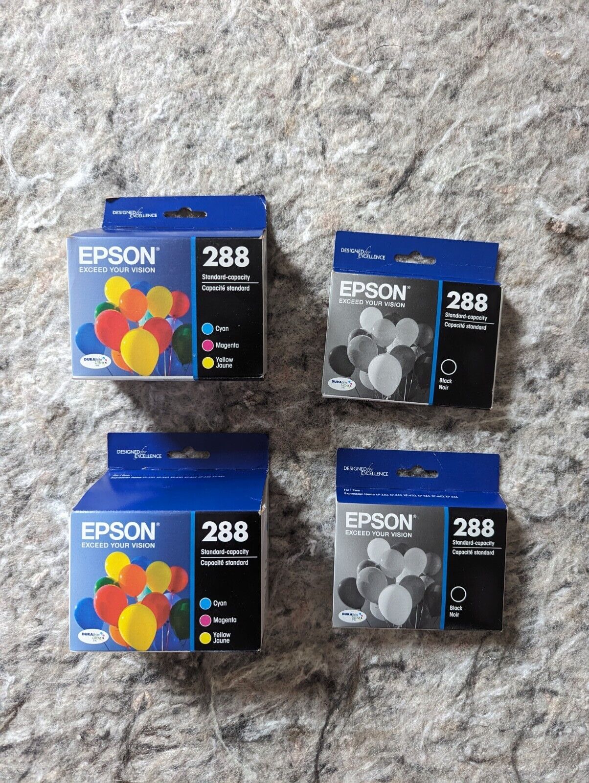 4 Boxes TWO Epson T288520 DURABrite Ultra Color Combo (C/M/Y) Pack + TWO Black