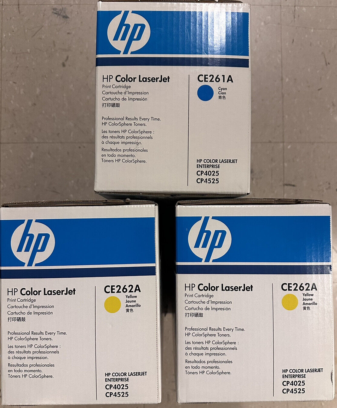 TWO (2) HP CE262A Yellow and ONE (1) HP CE261A Cyan LaserJet Toner Cartridge