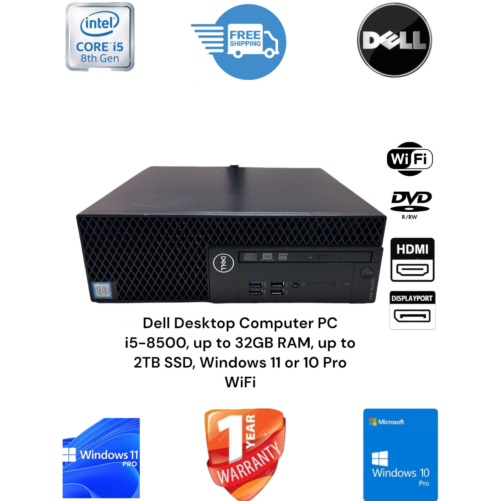 DELL COMPUTER DESKTOP PC i5 8th Gen. UP TO 16Gb & 2TB M.2 SSD WIN 10 OR 11 PRO