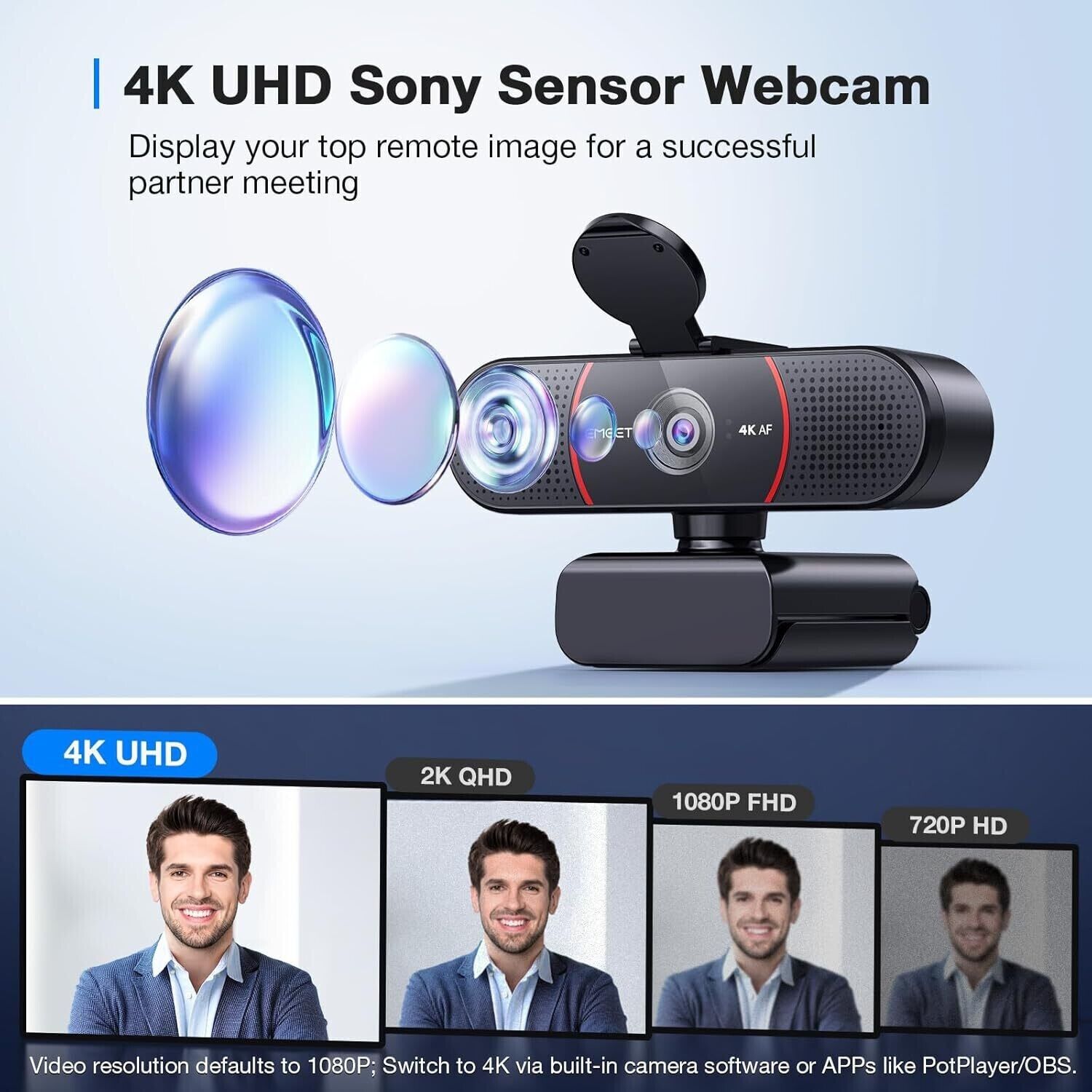 C960 4K Webcam for PC, 4K UHD Sony Sensor, TOF Auto Focus, Dual AI Noise-Cancell