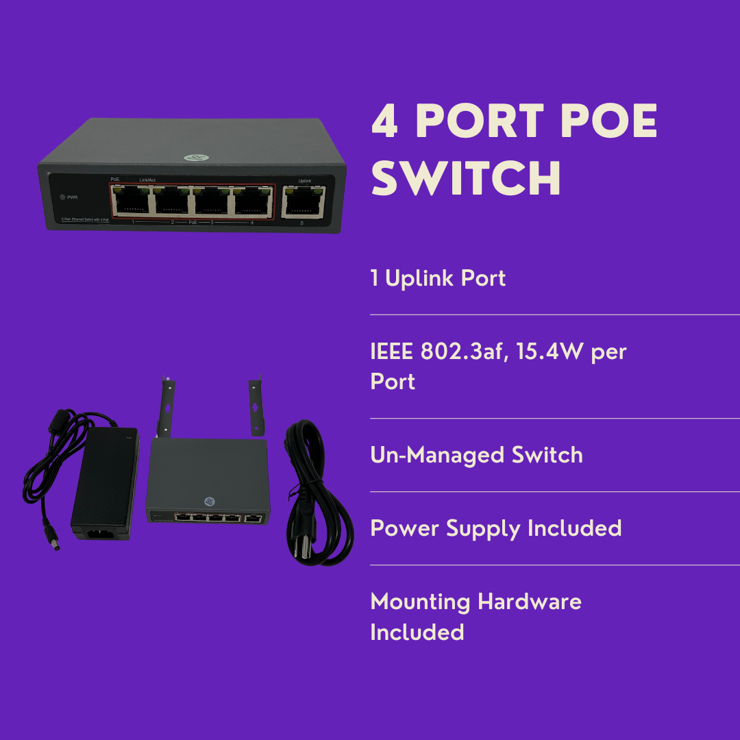 4 Port POE Switch, with Power Supply and Mounting Hardware