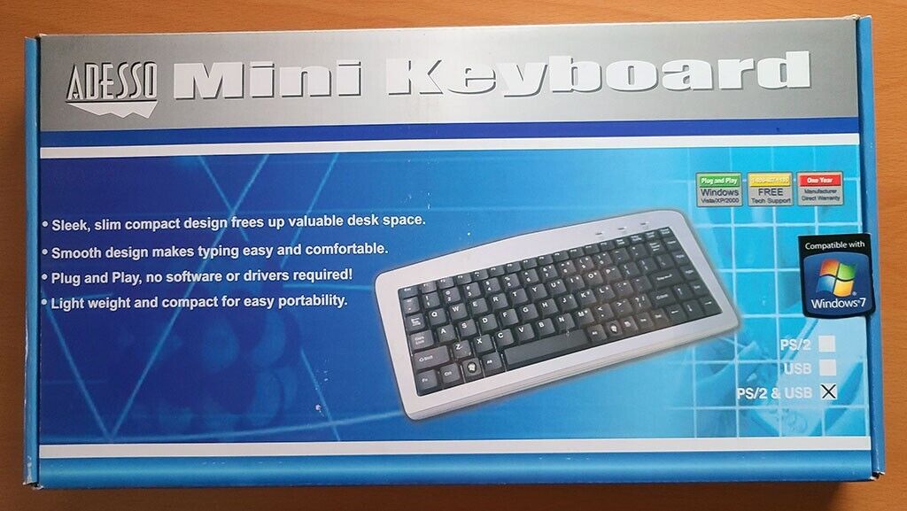 Adesso AKB-901 PS/2 USB 2.0 Wired Mini Keyboard New