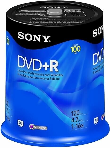 Sony DVD+R 4.7 GB Printable Recordable DVD's - 100 Disc Spindle Pack