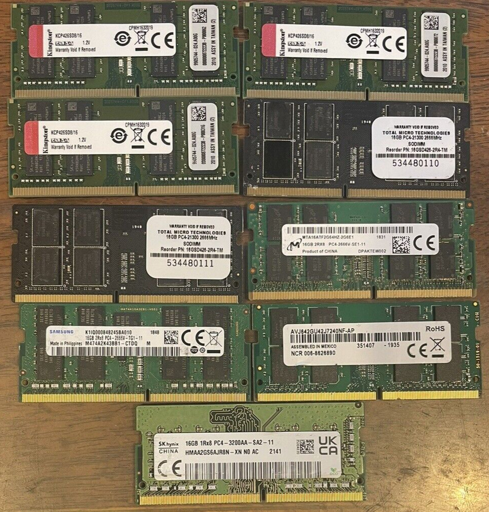 LOT OF 9  16GB Mixed Speeds/Brands PC4 SODIMM LAPTOP RAM TESTED