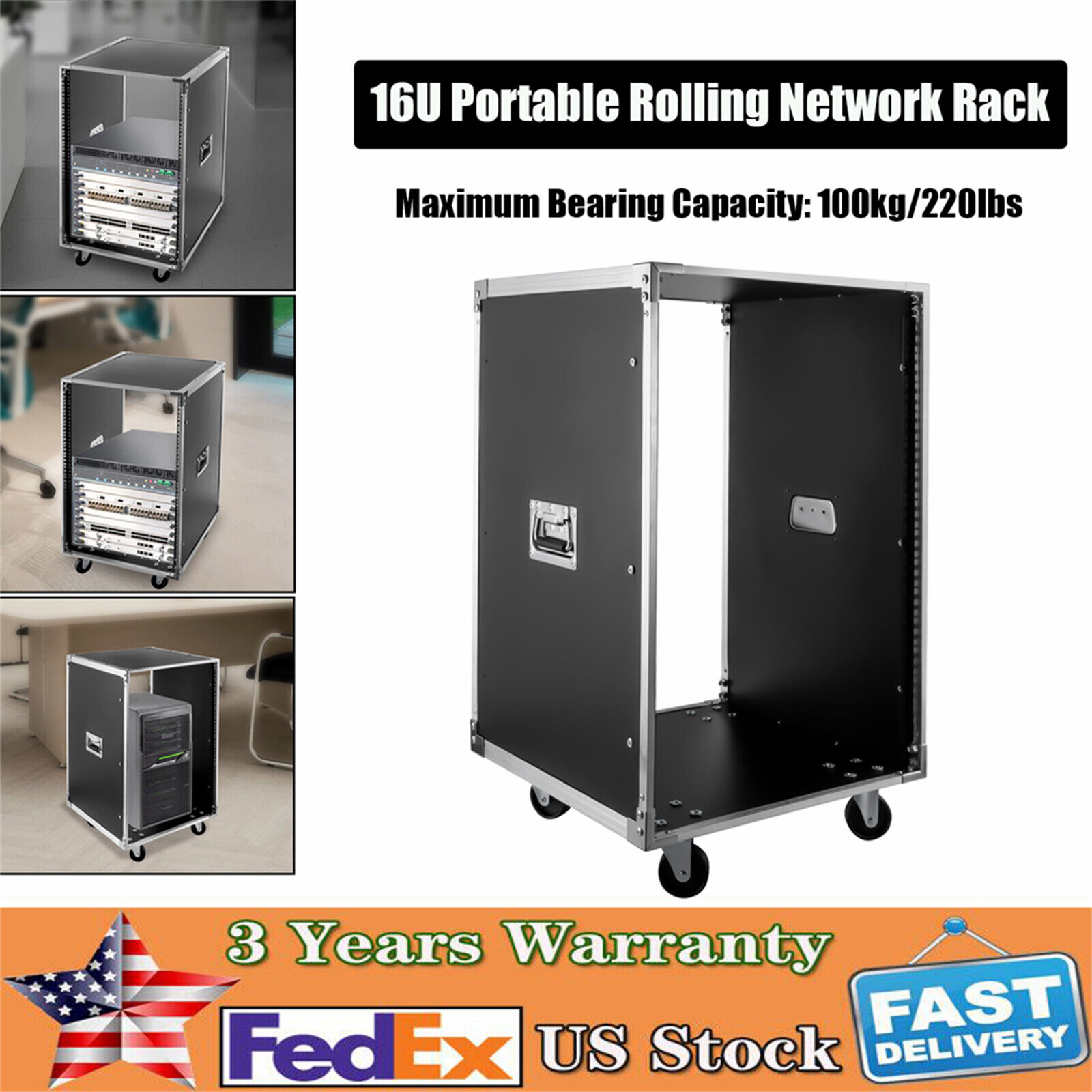 16U Portable Rolling Cart Shelf Network Rack Audio Video Telecom Office USA