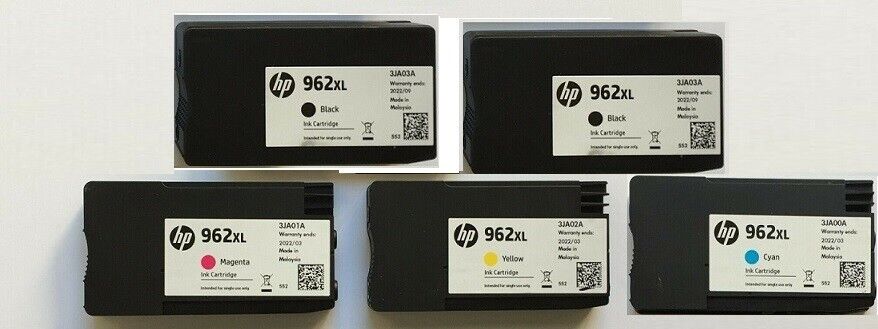 Set of 5 HALF New Genuine HP 962XL BLACK CYN MAG YEL Inkjets 50% 2023-2024