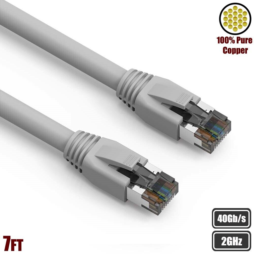7FT Cat8 RJ45 Network LAN Ethernet S/FTP Patch Cable Copper 2GHz 40Gbps Gray