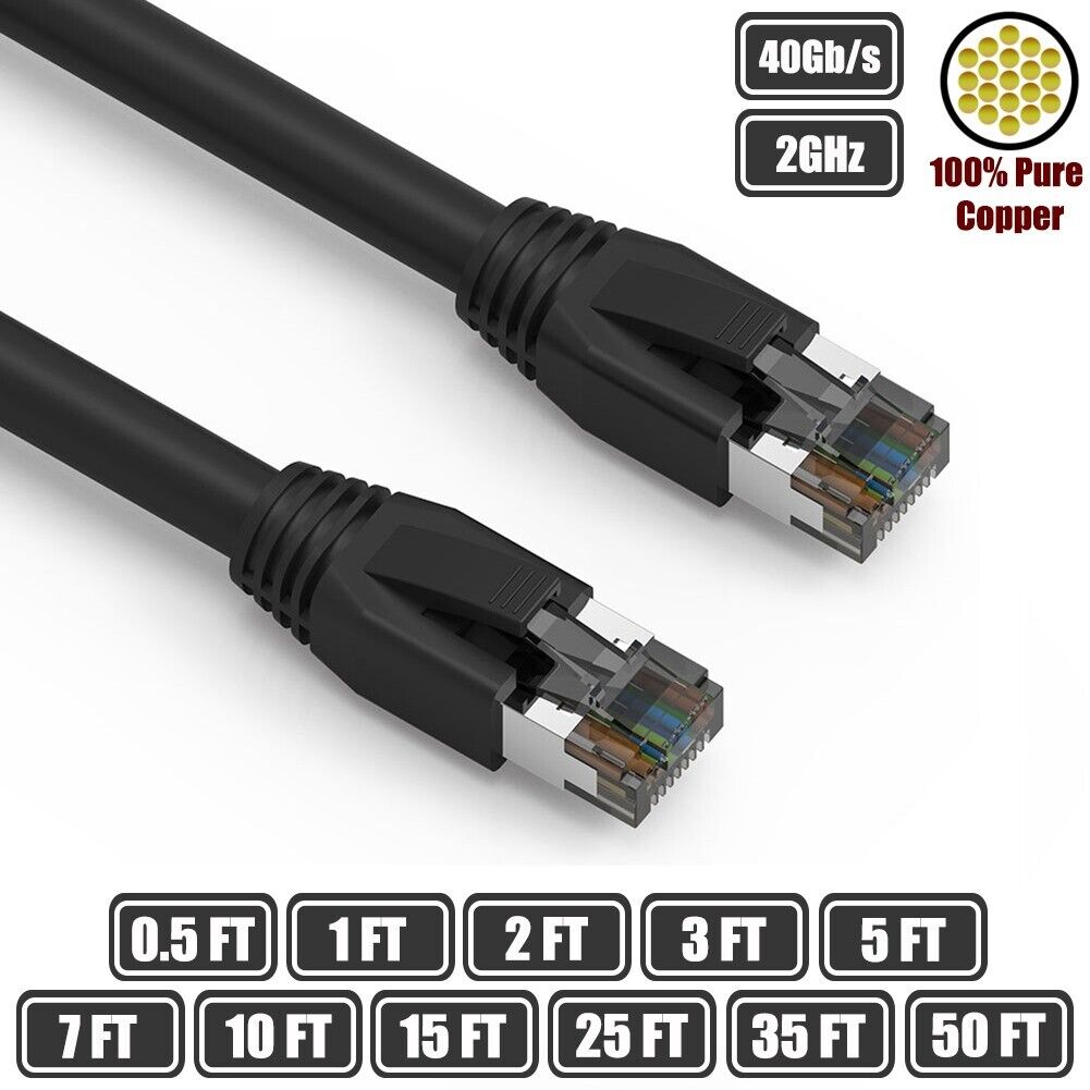 0.5-50FT CAT8 RJ45 Network LAN Ethernet Shield Cable S/FTP Copper 2GHz 40Gb LOT