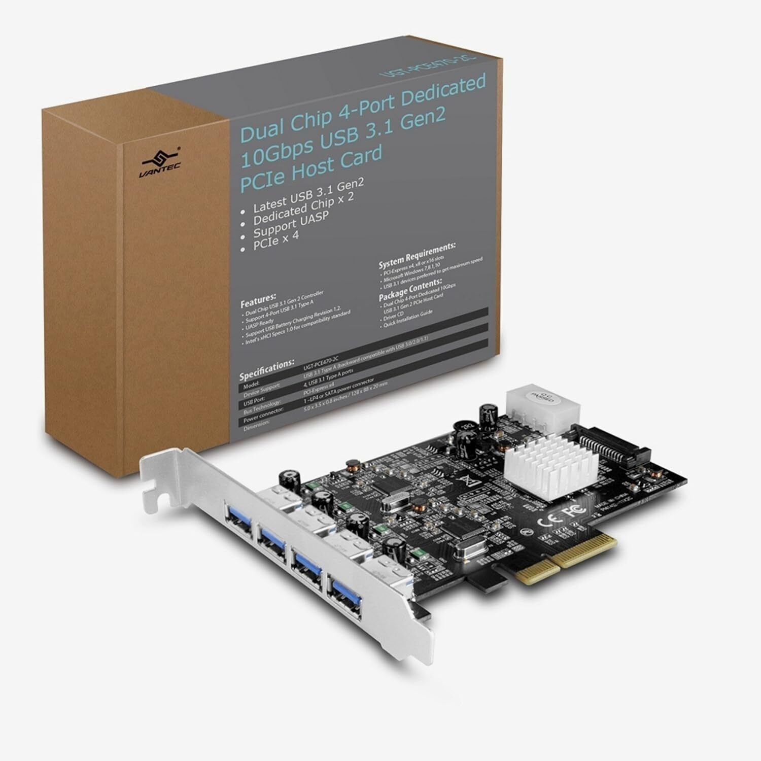 Vantec 4-Port Dedicated 10Gbps USB 3.1 Gen 2 PCIe Host Card with Dual Controll