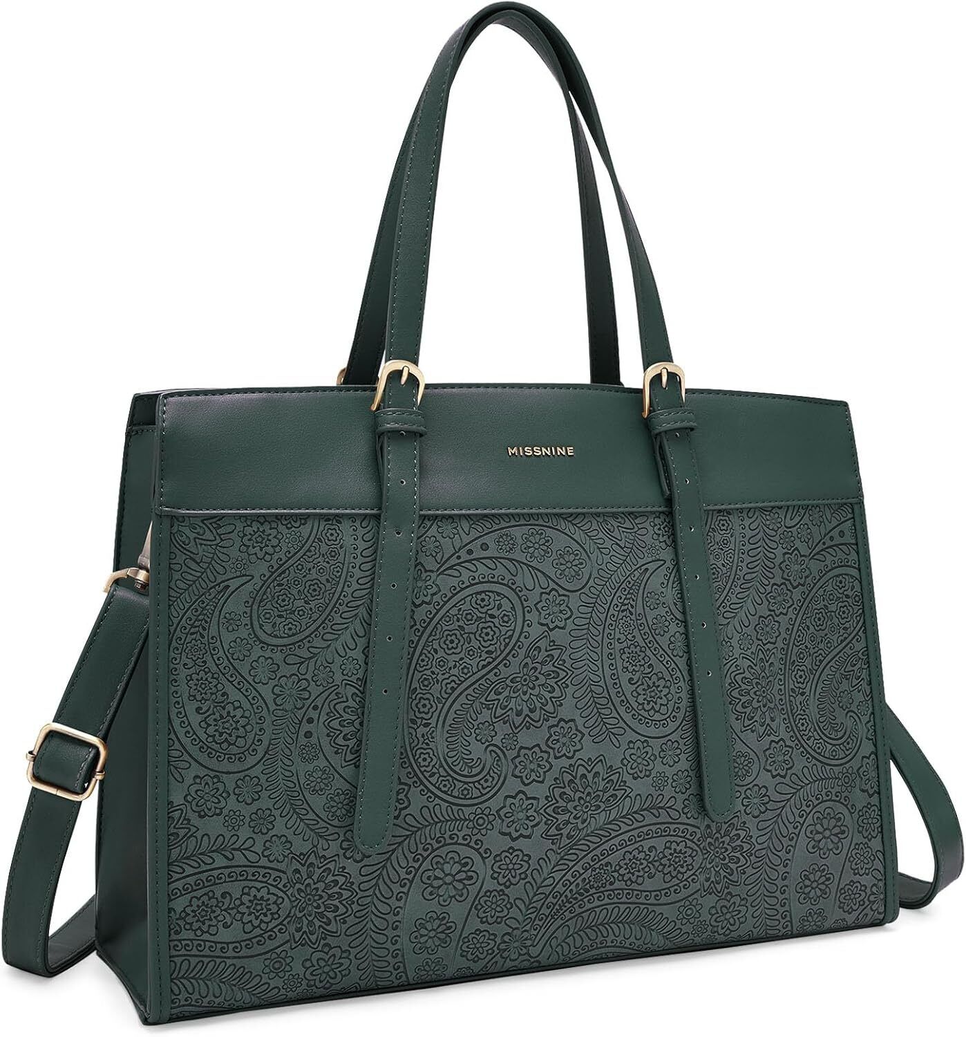 Missnine Laptop Bag for Women 15.6 inch Work Tote Bags PU Leather Green 