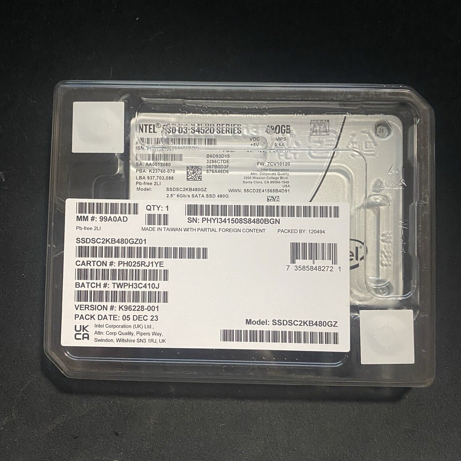 New (Sealed) 480GB Intel SSD D3-S4520 Series 2.5”  SSDSC2KB480GZ01