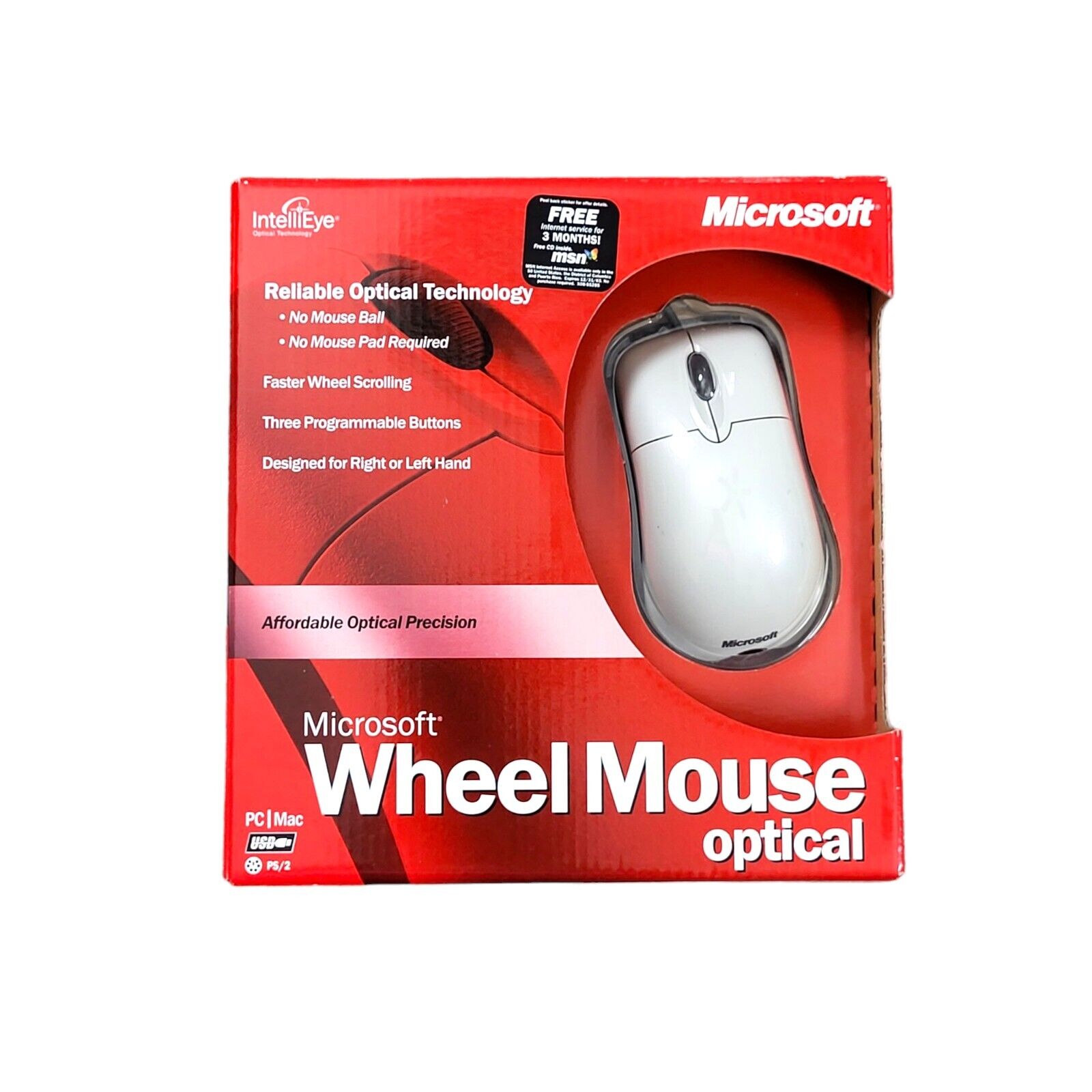 Vintage Microsoft Wheel Mouse Optical Mouse PC/MAC USB PS2 0501 X08-40764 SEALED
