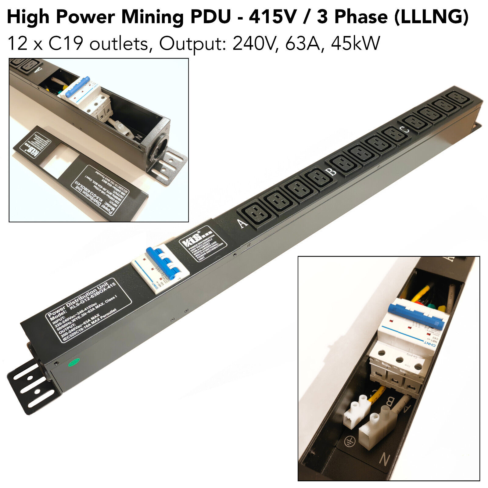 High Power Mining PDU 415V / 3 Phase (LLLNG) 12xC19 - Output 240V 63A Amp 45kW