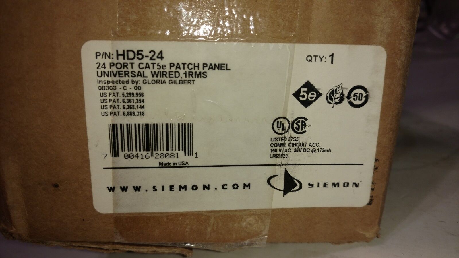 SIEMON COMPANY HD5-24 24 PORT CAT5e PATCH PANEL UNIVERSAL WIRED 1RMS