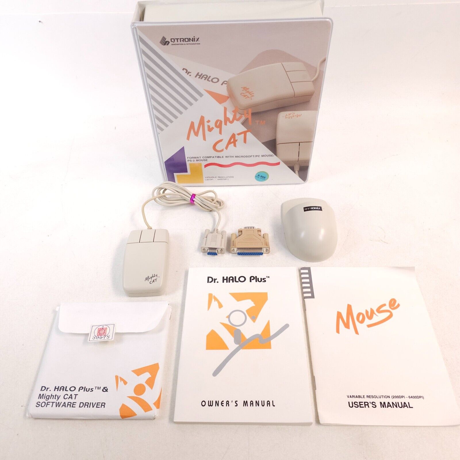 Vintage QTRONIX Mighty Cat 3-Button Serial Mouse Complete Box Drivers PC XT AT