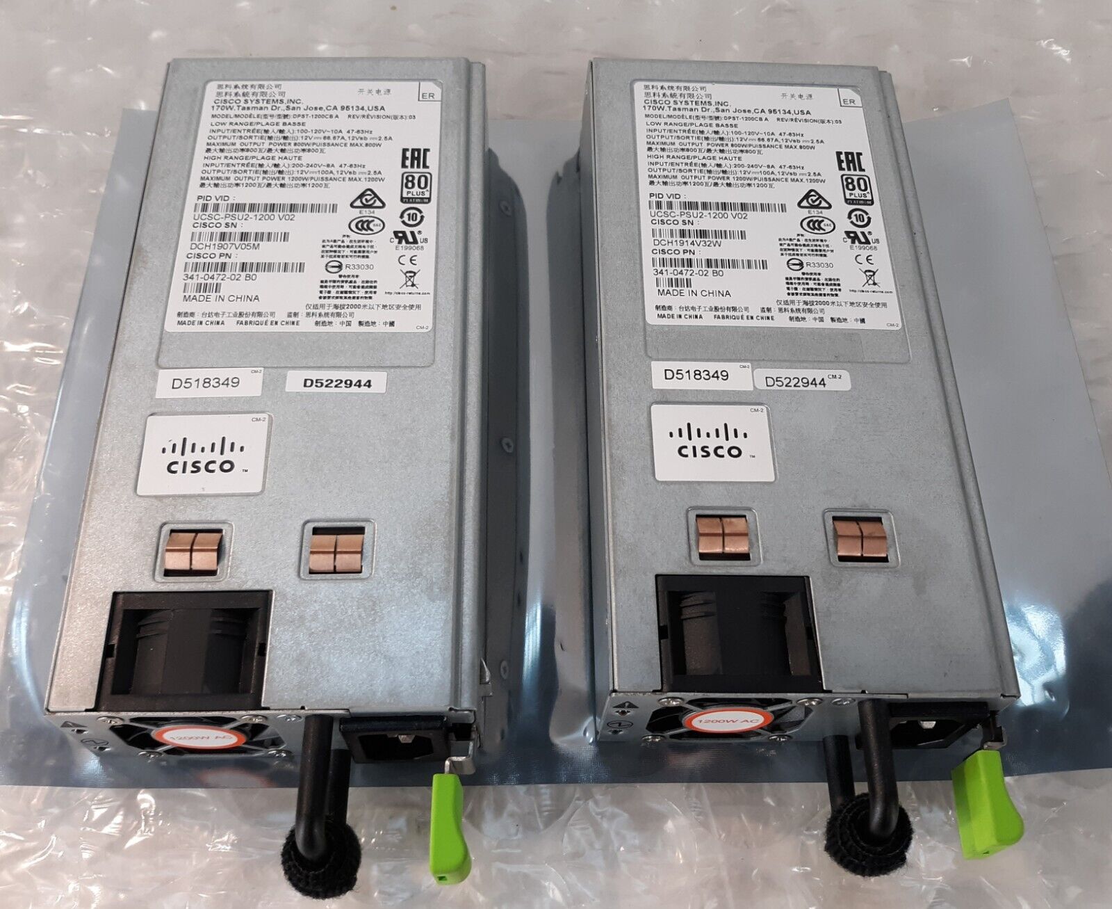 Pair of Cisco UCSC-PSU2-1200 1200W V02 341-0472-02 B0 Server Power Supply*AS IS*