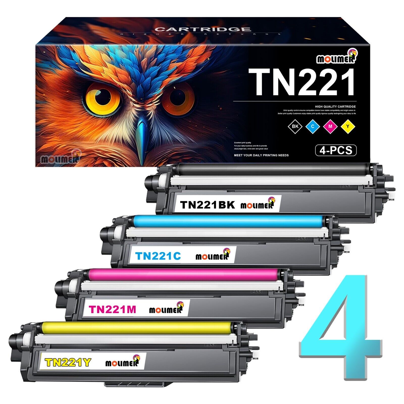 TN221 Toner Cartridge Replacement for Brother HL-3140CW HL-3170CDW 3180CDW 4 PK