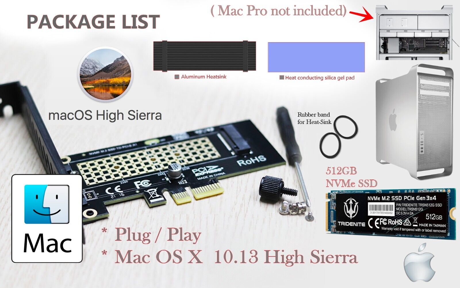 Mac Pro 2010- 2012 OSX High Sierra-Brand NEW NVMe SSD Upgrade Kit. Plug/Play.